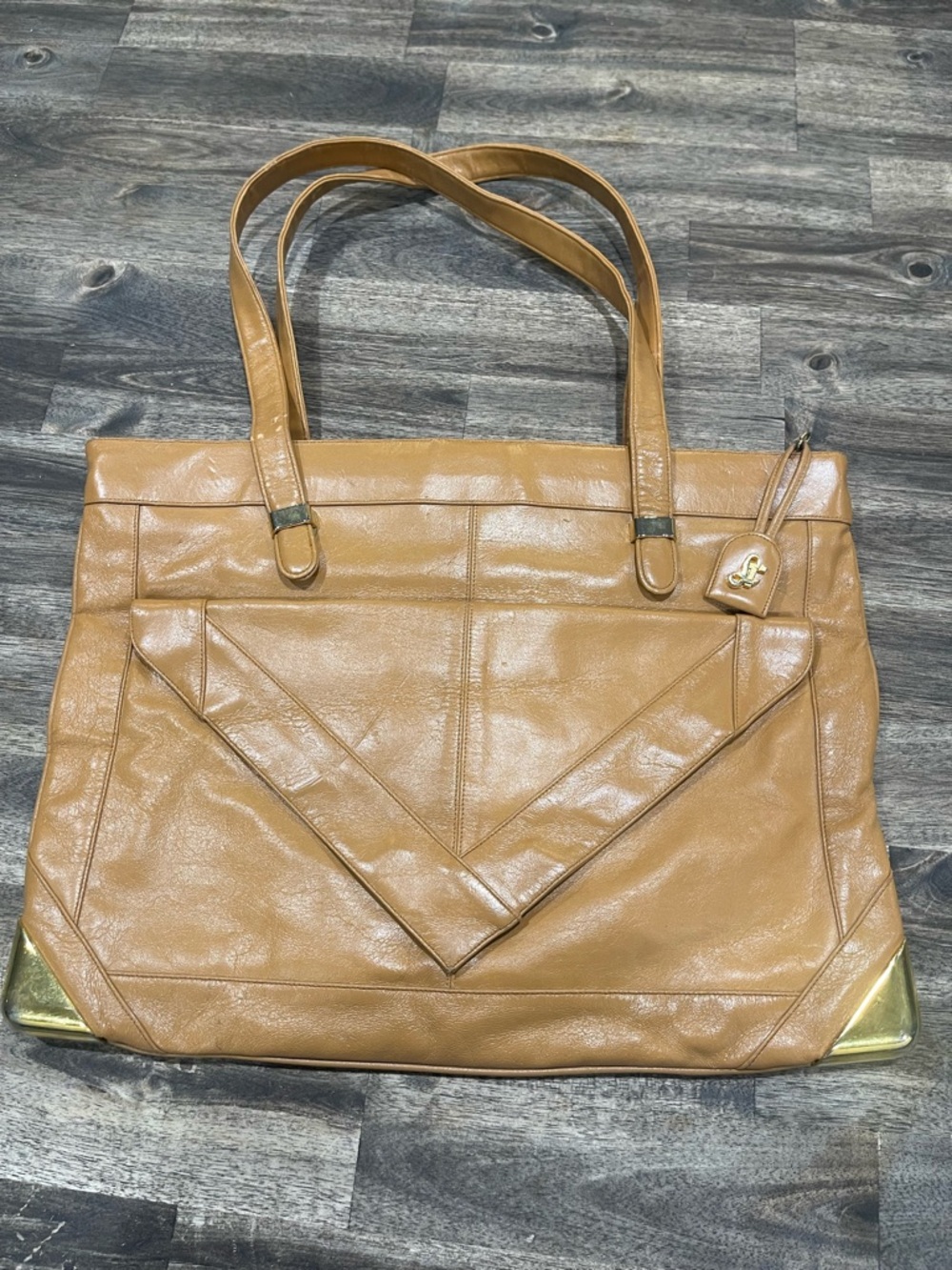 Vintage Lou Taylor Tan Faux Leather Tote Bag Shoulder Bag Mirror Charm